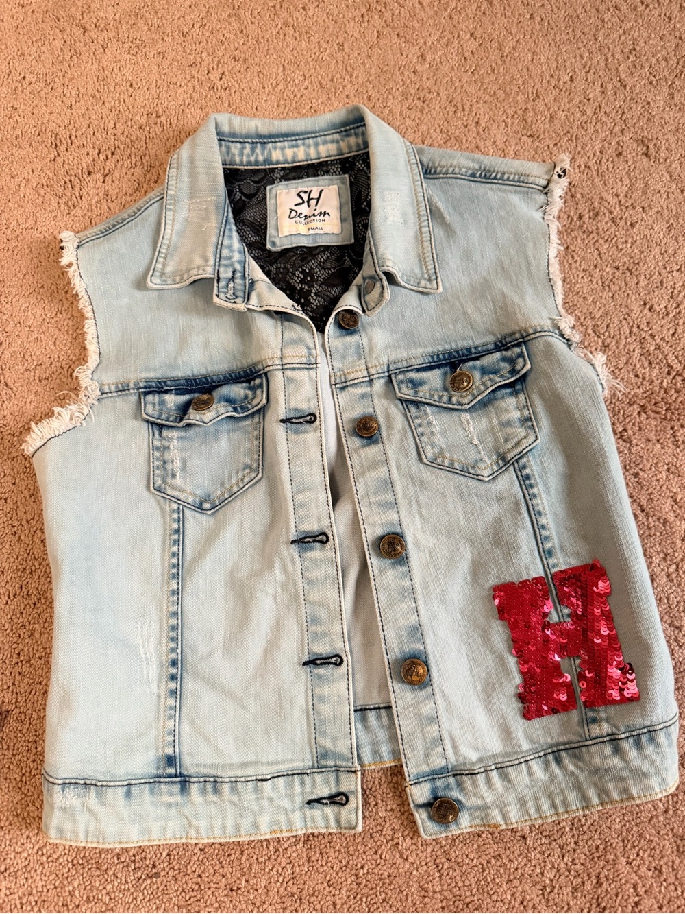 Light Wash Denim Vest with pink Sequin Patch